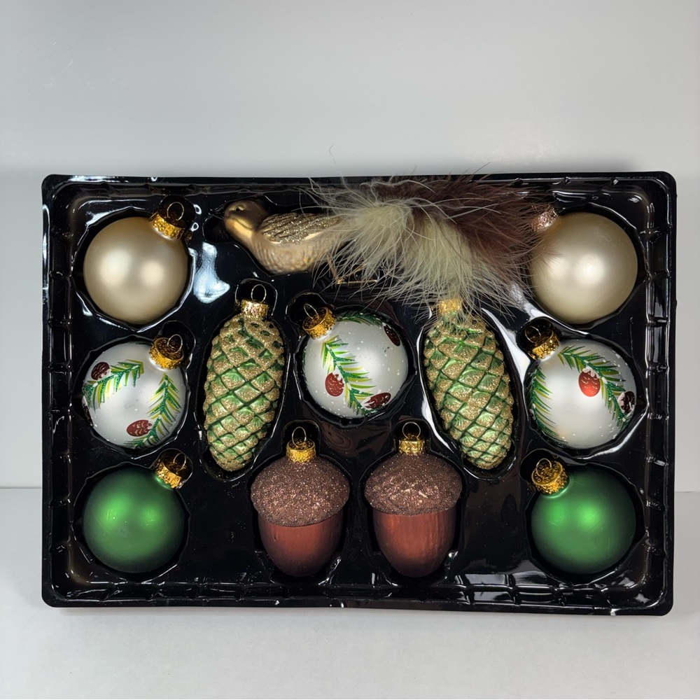 Elegant glass Holiday‎ Ornament Set - Gold, Green, and Brown woodland theme